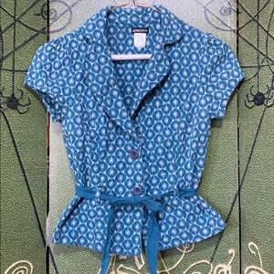 Teal embroidered short sleeve button up jacket top